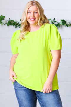 Neon Green Round Neck Puff Sleeve Crepe Top - Molliee Boutique