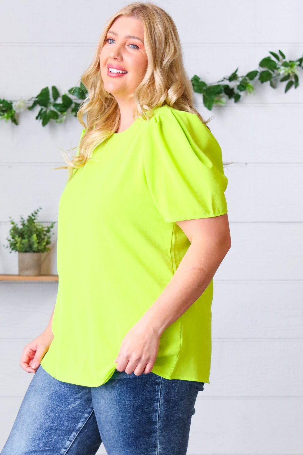 Neon Green Round Neck Puff Sleeve Crepe Top - Molliee Boutique