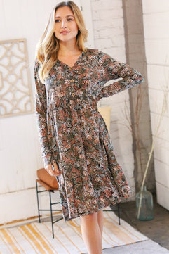 Olive Floral Print Button Down Babydoll Dress - Molliee Boutique