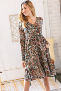 Olive Floral Print Button Down Babydoll Dress - Molliee Boutique