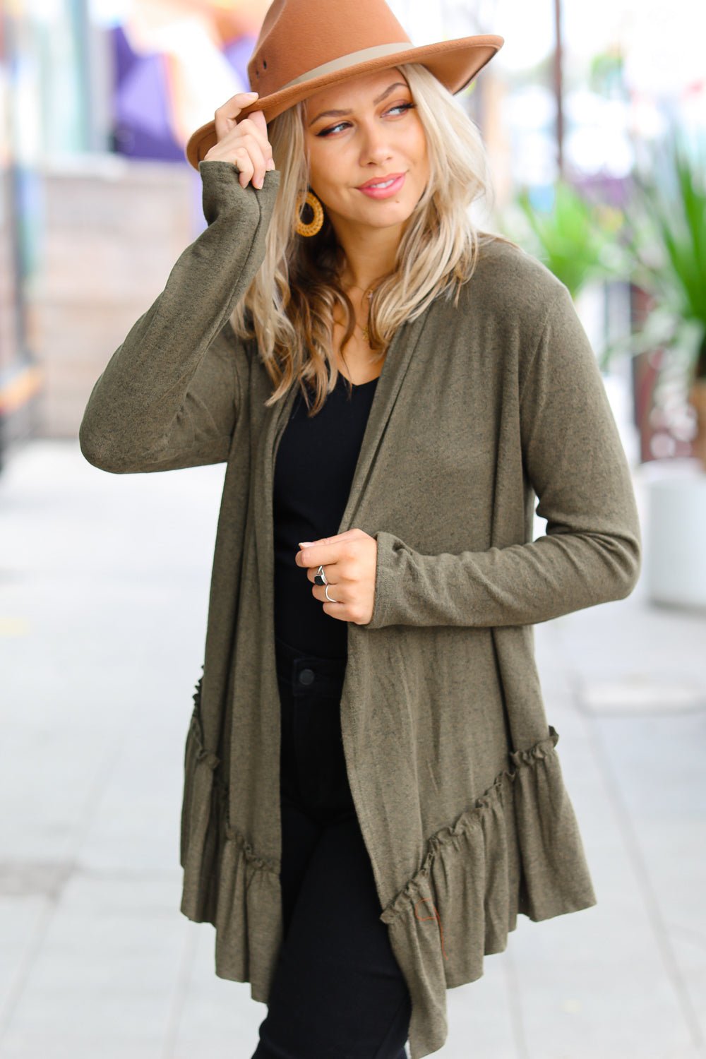 Olive Green Face the Day Two-Tone Ruffle Cardigan - Molliee Boutique