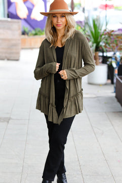 Olive Green Face the Day Two-Tone Ruffle Cardigan - Molliee Boutique