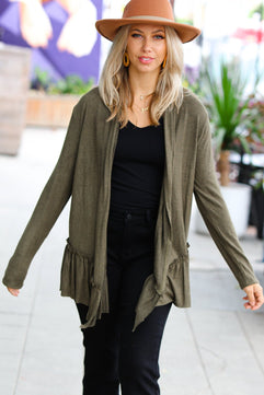 Olive Green Face the Day Two-Tone Ruffle Cardigan - Molliee Boutique