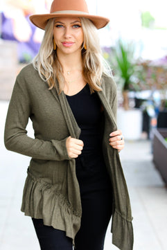 Olive Green Face the Day Two-Tone Ruffle Cardigan - Molliee Boutique