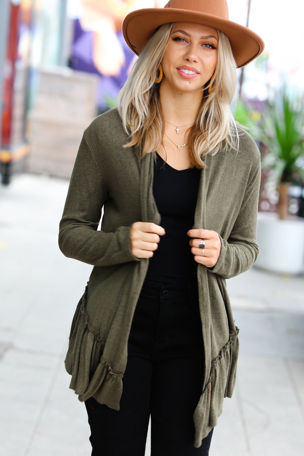 Olive Green Face the Day Two-Tone Ruffle Cardigan - Molliee Boutique