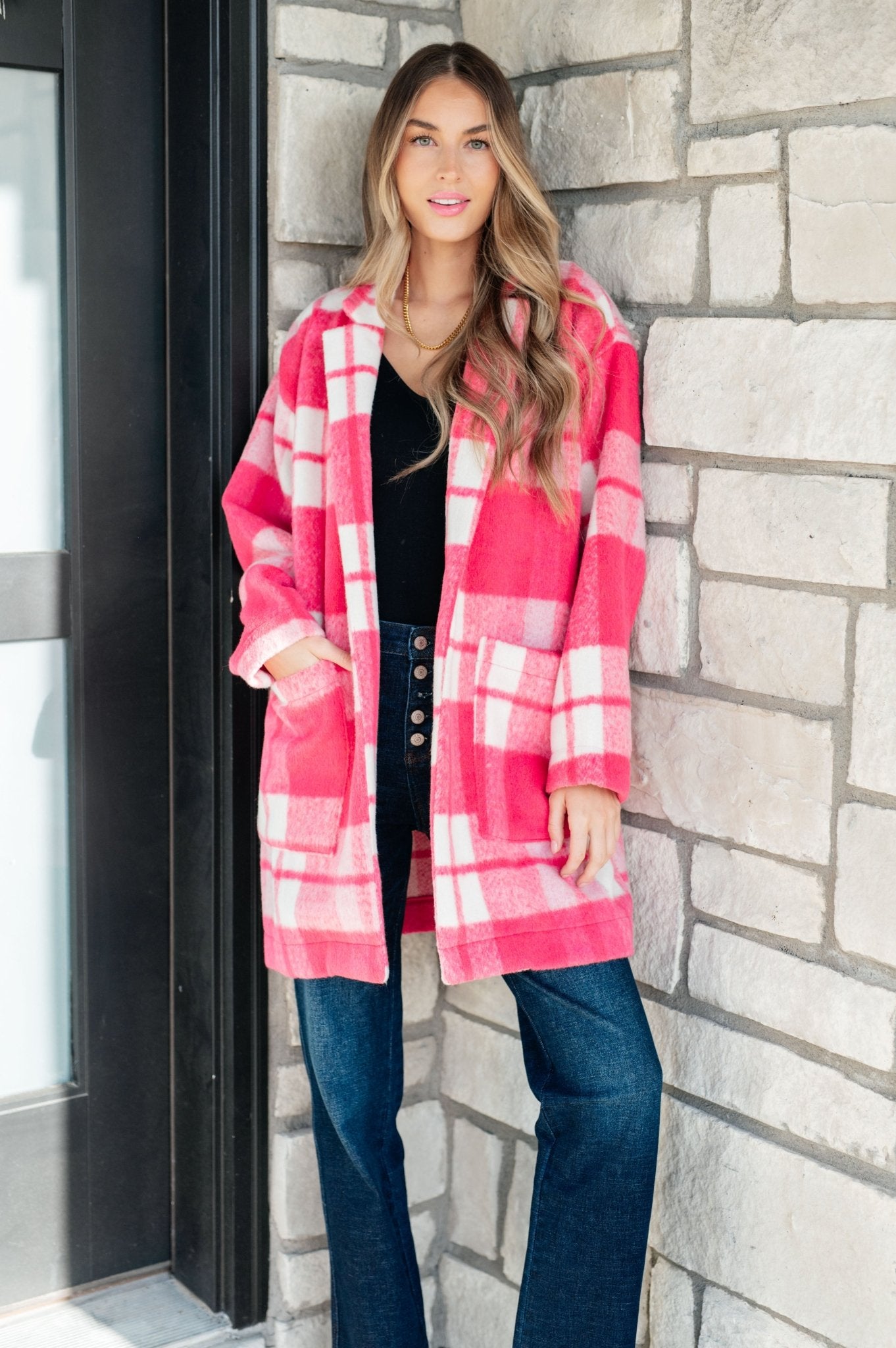 Passion in Plaid Coat in Pink - Molliee Boutique