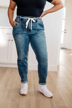 Payton Pull On Denim Joggers in Medium Wash - Molliee Boutique