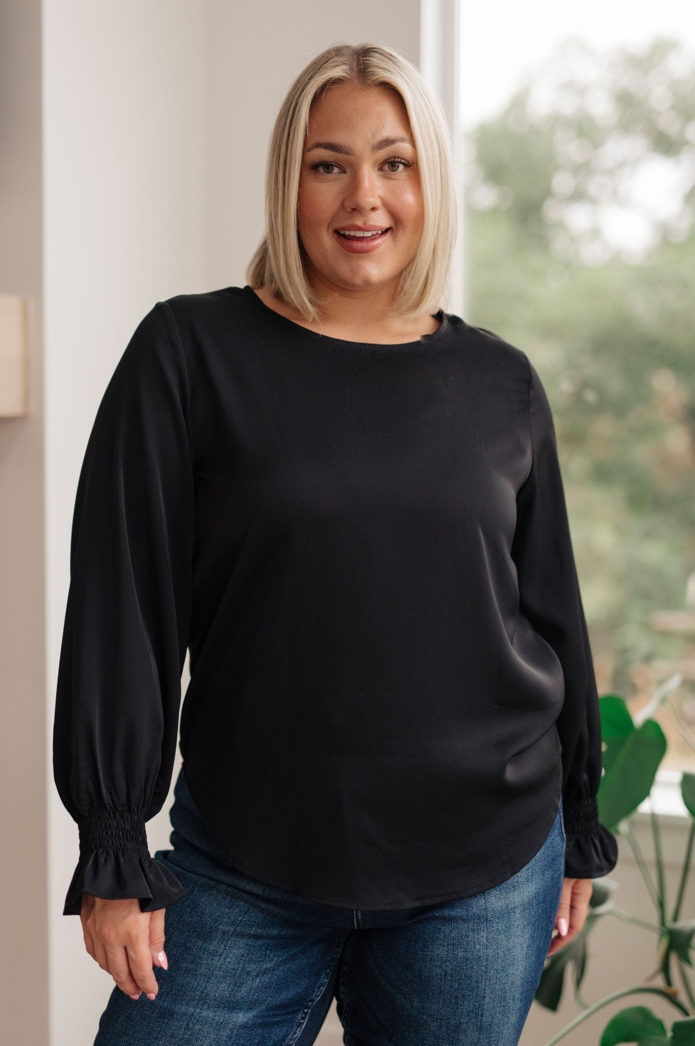 Peaceful Moments Smocked Sleeve Blouse in Black - Molliee Boutique