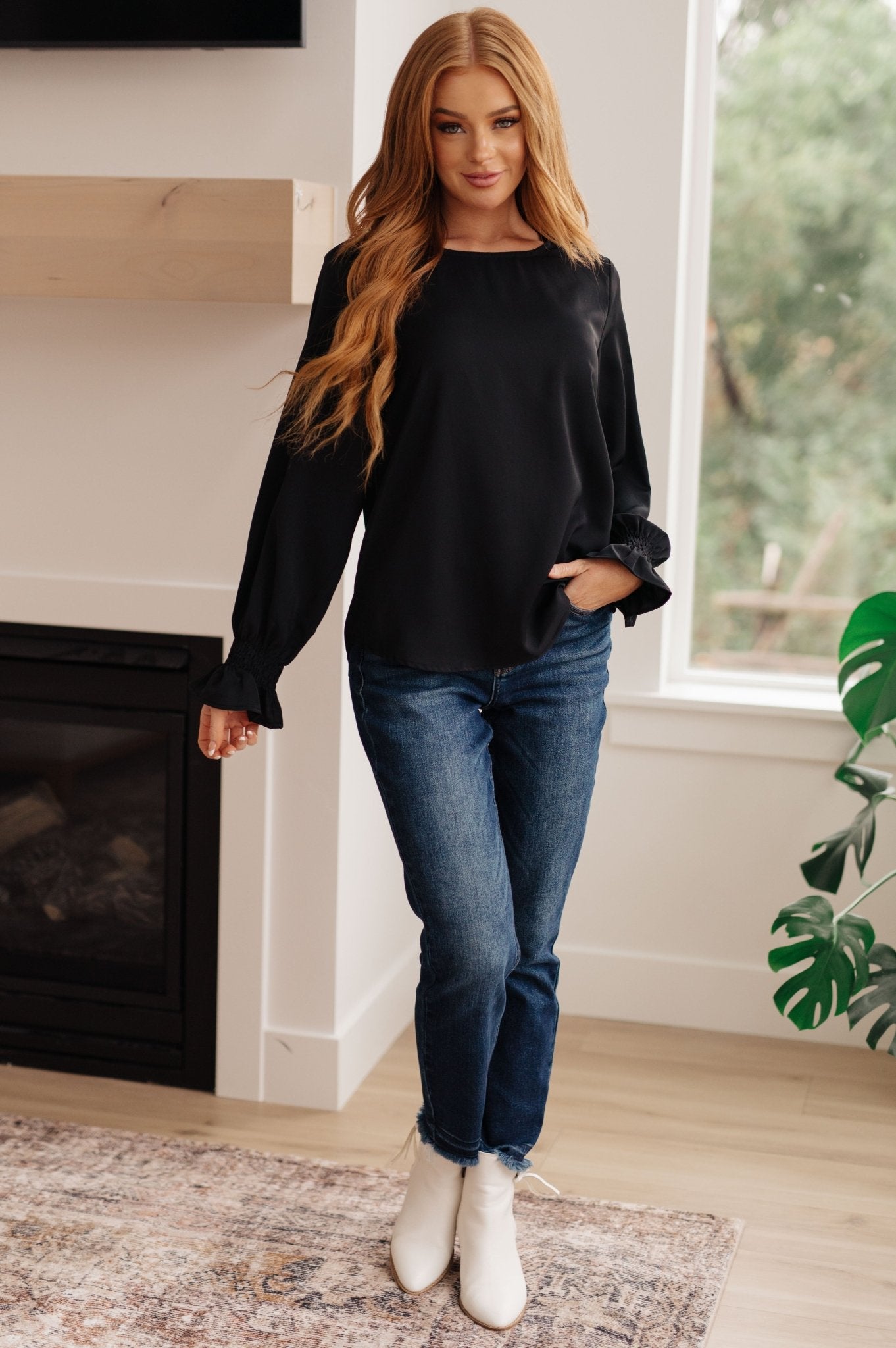 Peaceful Moments Smocked Sleeve Blouse in Black - Molliee Boutique