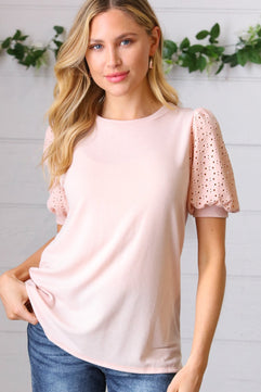 Peach Eyelet Puff Sleeve French Terry Top - Molliee Boutique