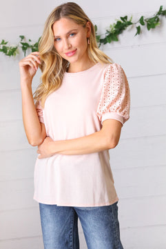 Peach Eyelet Puff Sleeve French Terry Top - Molliee Boutique