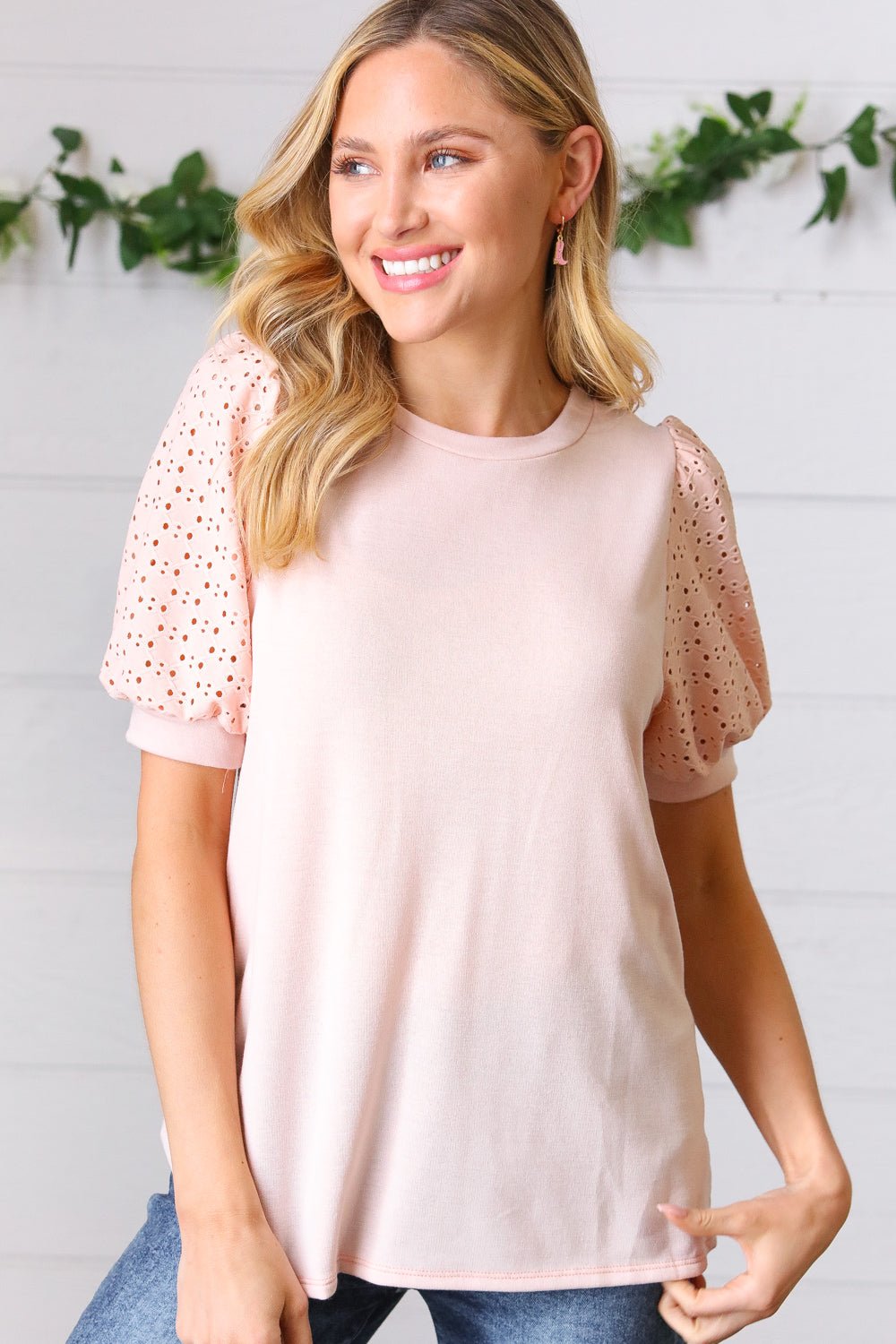 Peach Eyelet Puff Sleeve French Terry Top - Molliee Boutique