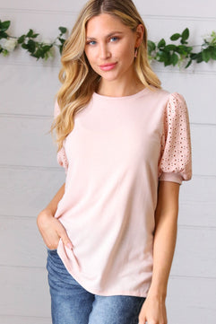 Peach Eyelet Puff Sleeve French Terry Top - Molliee Boutique