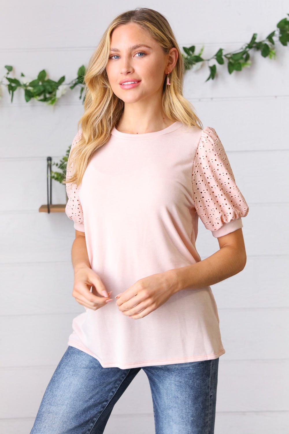 Peach Eyelet Puff Sleeve French Terry Top - Molliee Boutique