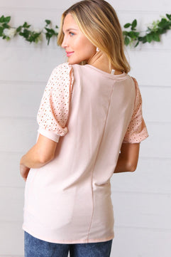 Peach Eyelet Puff Sleeve French Terry Top - Molliee Boutique