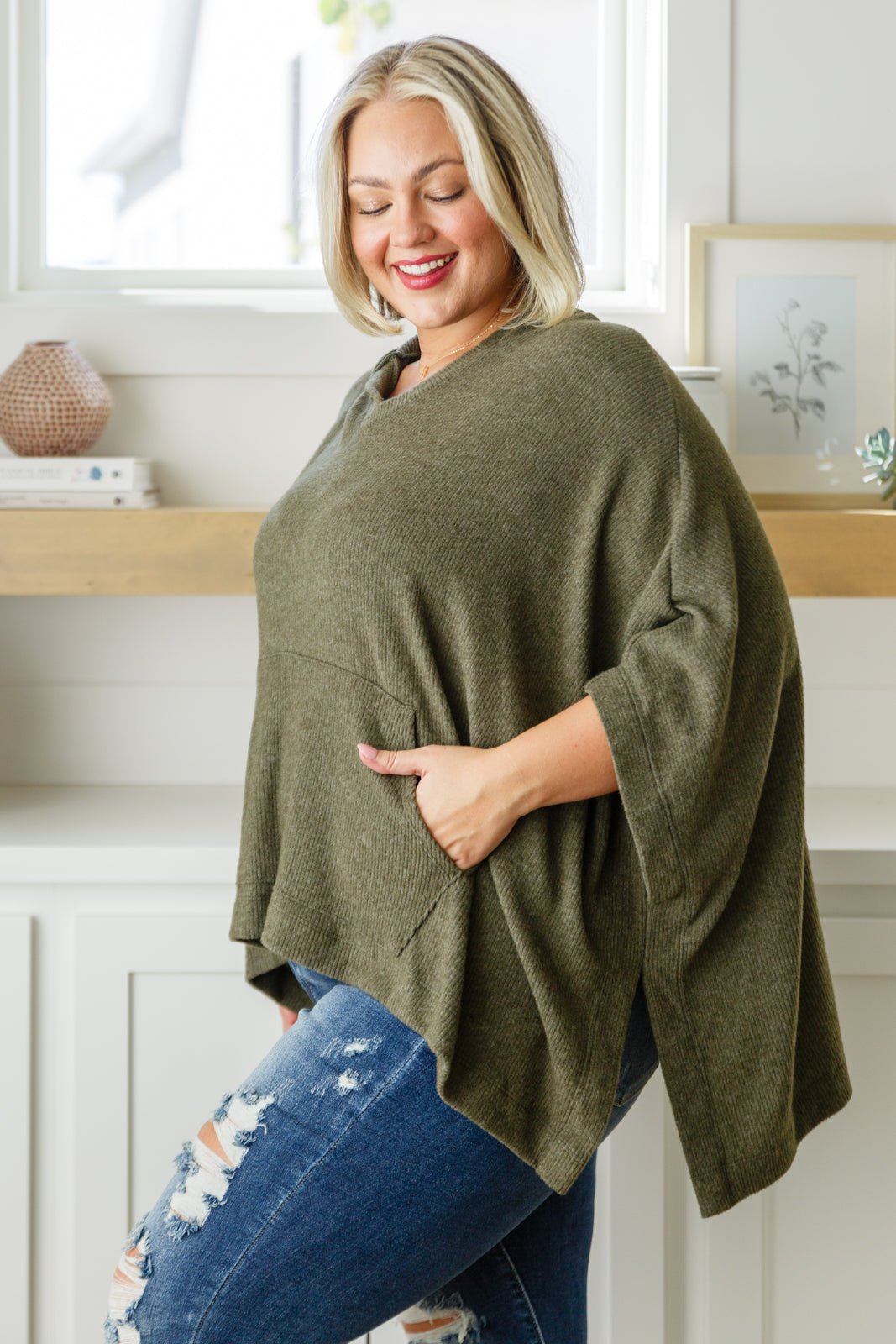 Perfectly Poised Hooded Poncho in Olive - Molliee Boutique