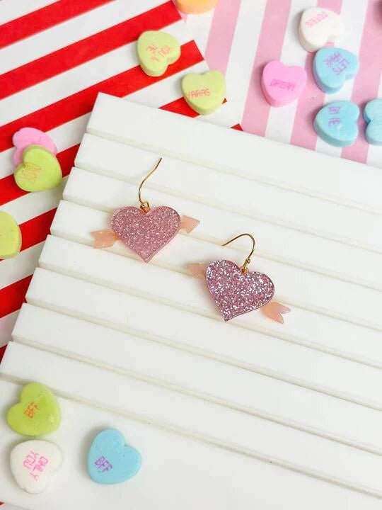 PREORDER: Acrylic Glitter Bow & Arrow Heart Dangle Earrings - Molliee Boutique