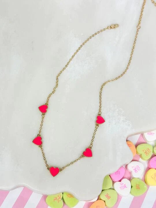 PREORDER: Classic Pink Heart Enamel Station Necklace - Molliee Boutique