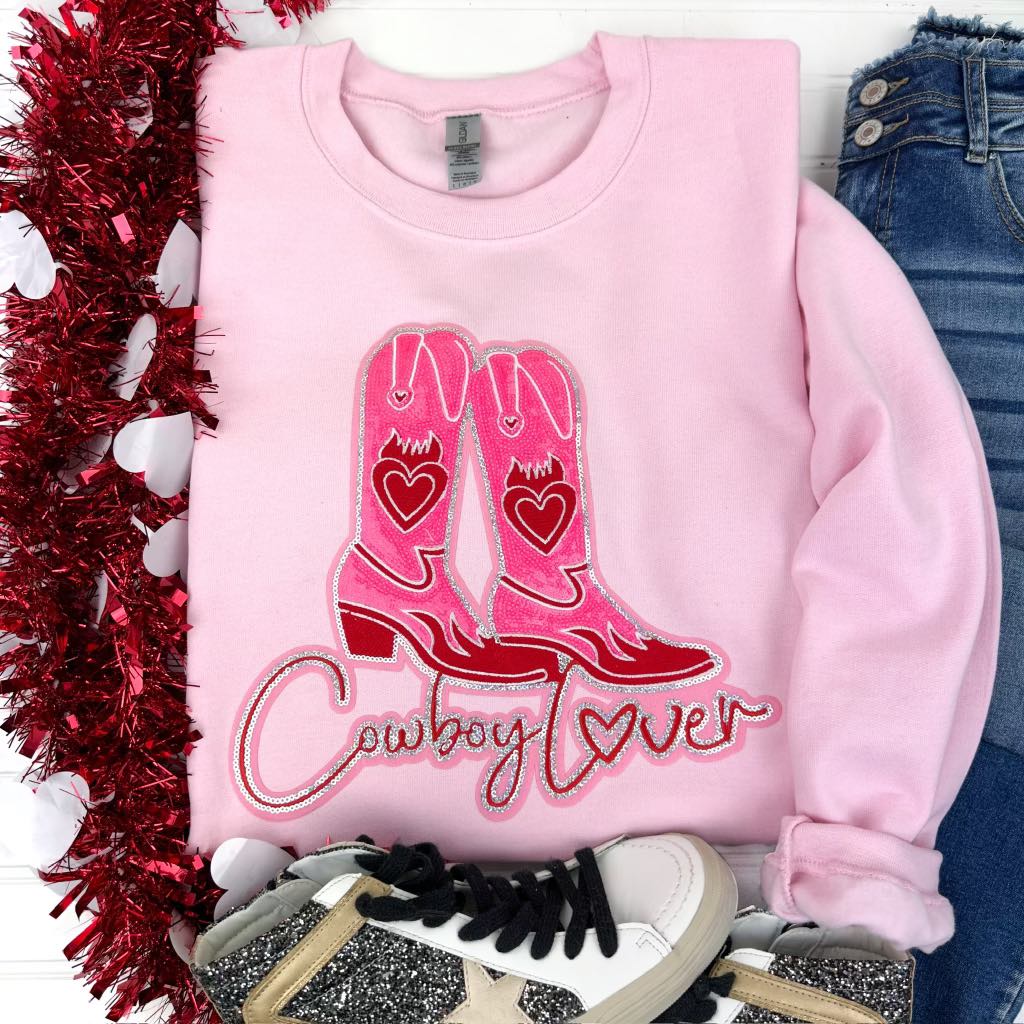 PREORDER: Cowboy Lover Chenille Patch Sweatshirt in Pink - Molliee Boutique