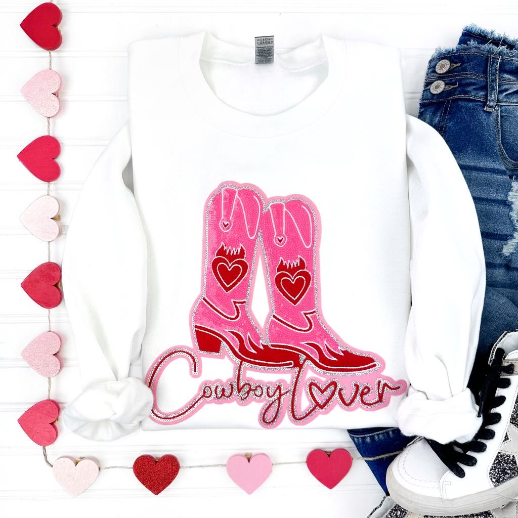 PREORDER: Cowboy Lover Chenille Patch Sweatshirt in White - Molliee Boutique