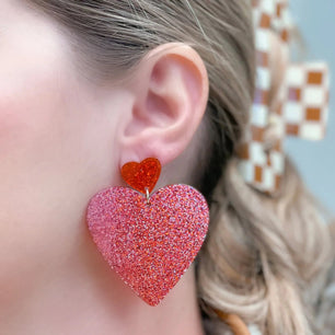 PREORDER: Glittery Double Heart Dangle Earrings - Molliee Boutique