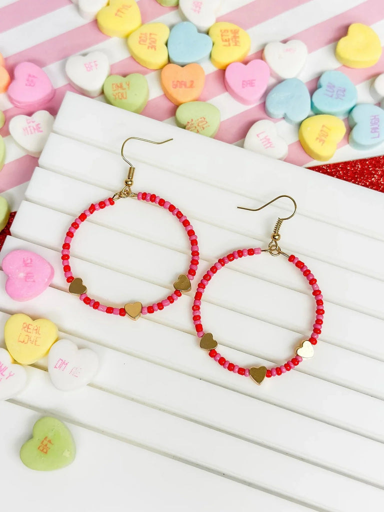 PREORDER: Heart Beaded Dangle Hoop Earrings - Molliee Boutique