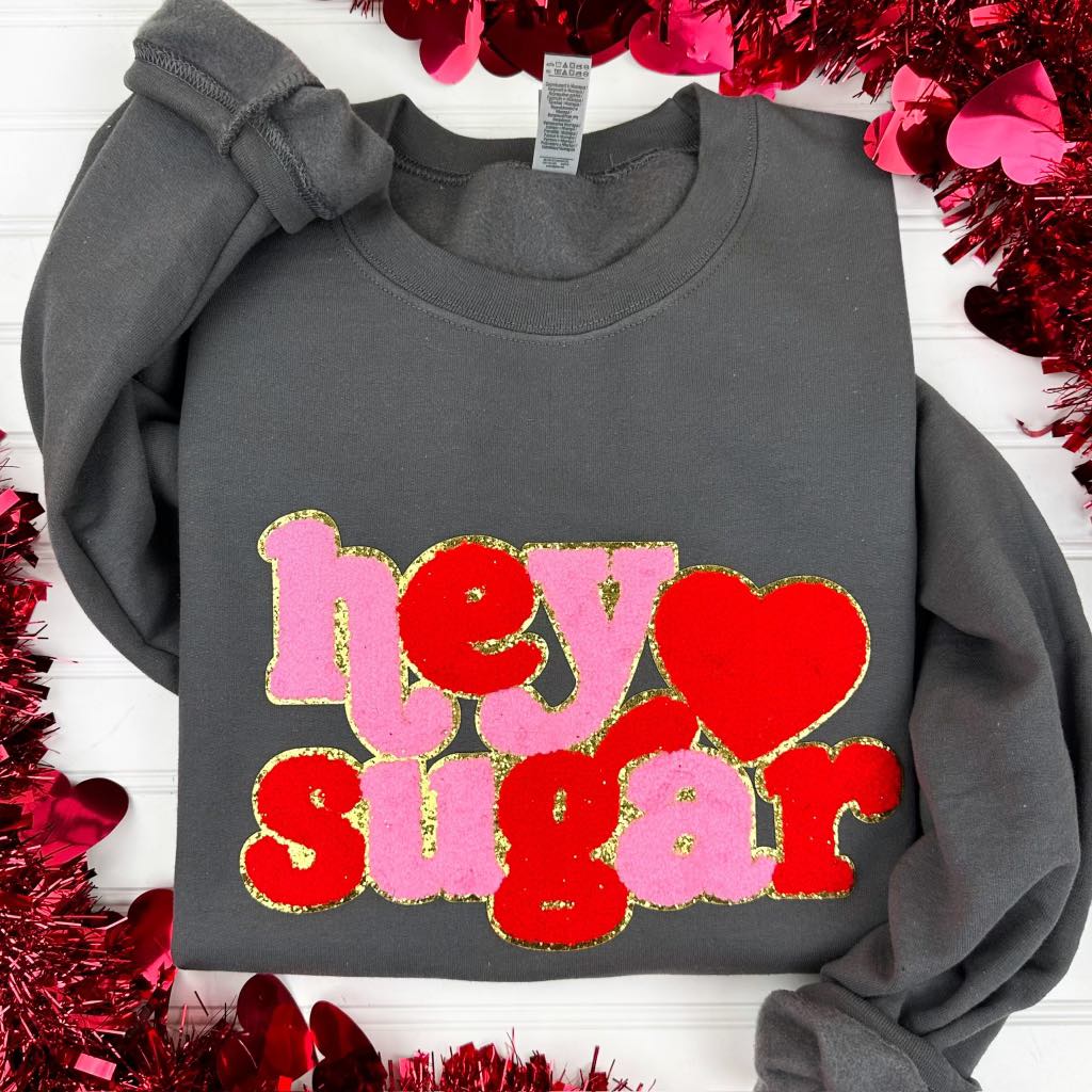 PREORDER: Hey Sugar Chenille Patch Sweatshirt in Gray - Molliee Boutique