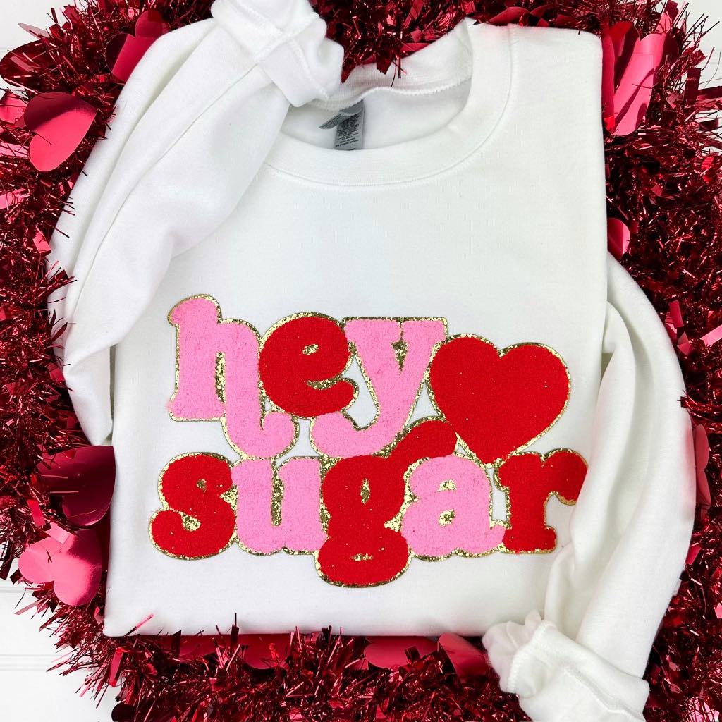 PREORDER: Hey Sugar Chenille Patch Sweatshirt in White - Molliee Boutique