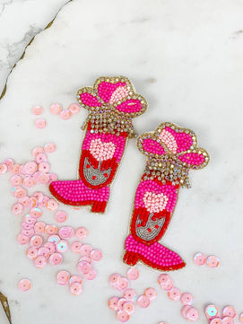 PREORDER: Hot Pink Cowgirl Boot Beaded Dangle Earrings - Molliee Boutique