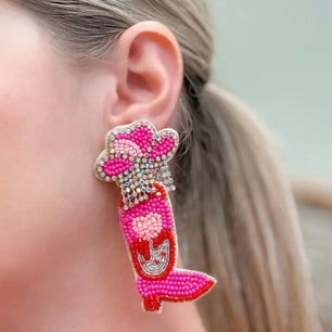 PREORDER: Hot Pink Cowgirl Boot Beaded Dangle Earrings - Molliee Boutique