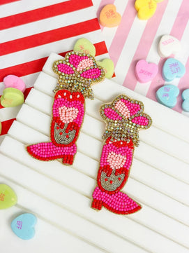 PREORDER: Hot Pink Cowgirl Boot Beaded Dangle Earrings - Molliee Boutique