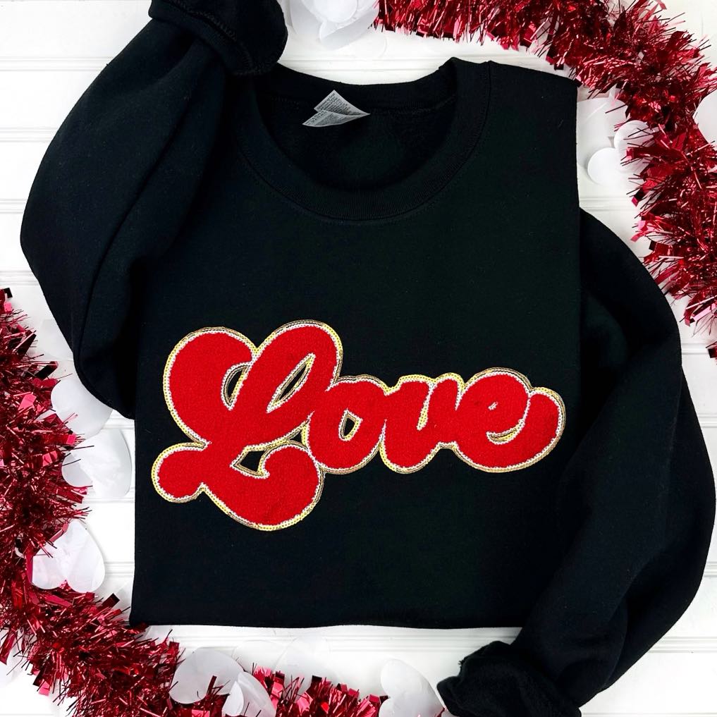 PREORDER: Love Chenille Patch Sweatshirt in Black - Molliee Boutique