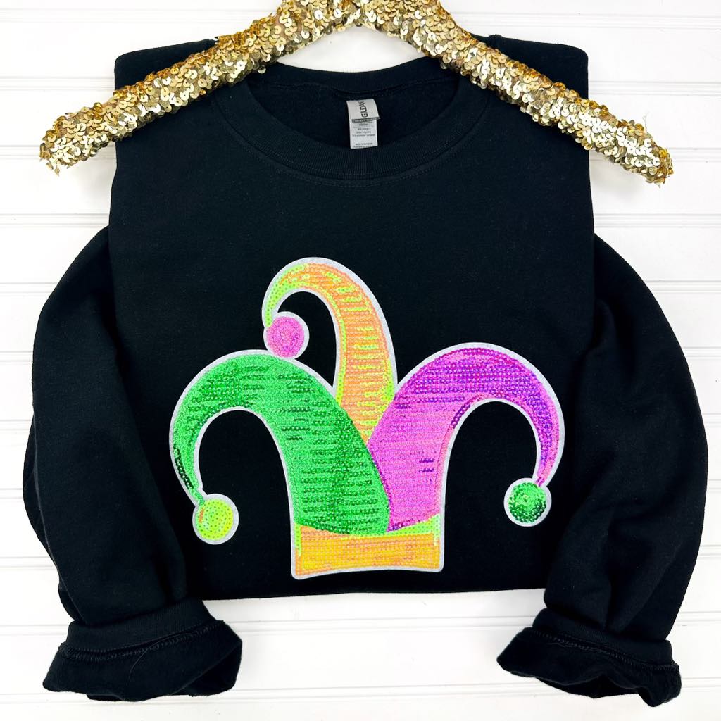 PREORDER: Mardi Gras Sequin Patch Sweatshirt in Black - Molliee Boutique