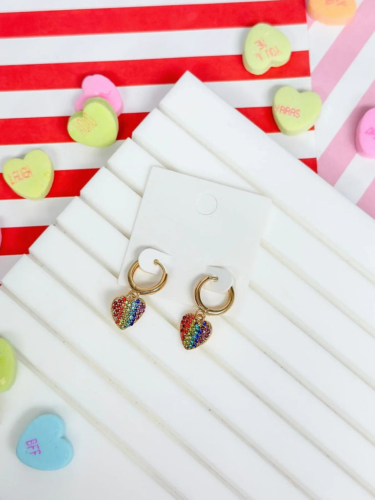 PREORDER: Rainbow Pave Heart Dangle Huggies - Molliee Boutique