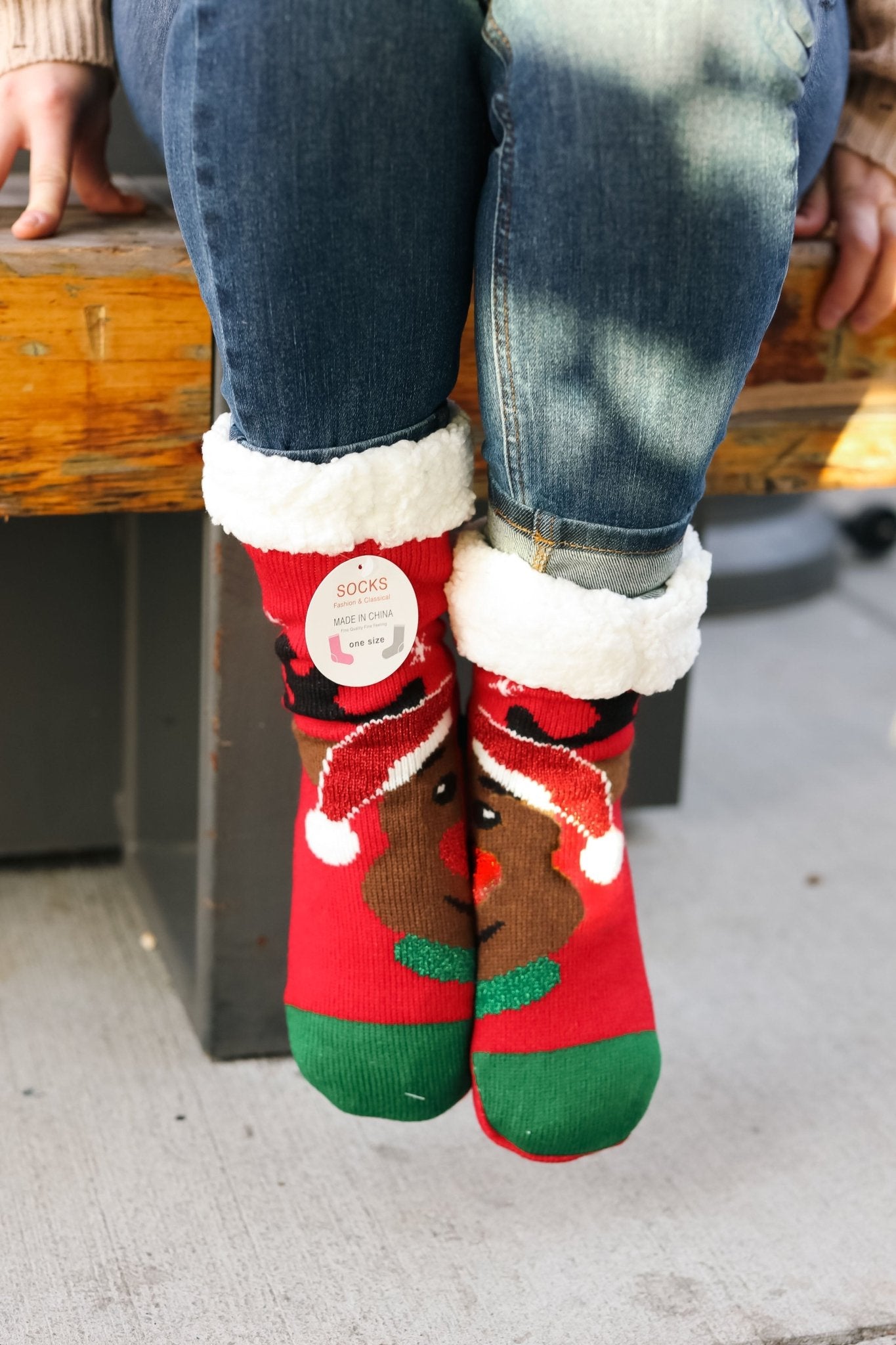 Red Reindeer Sherpa Traction Bottom Slipper Socks - Molliee Boutique