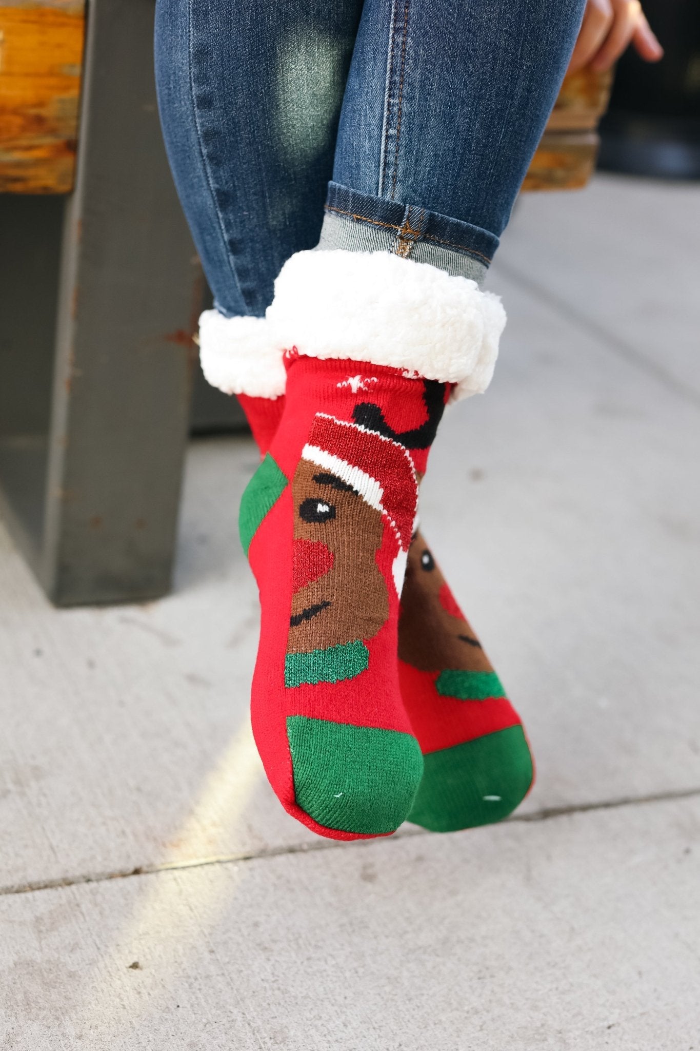 Red Reindeer Sherpa Traction Bottom Slipper Socks - Molliee Boutique