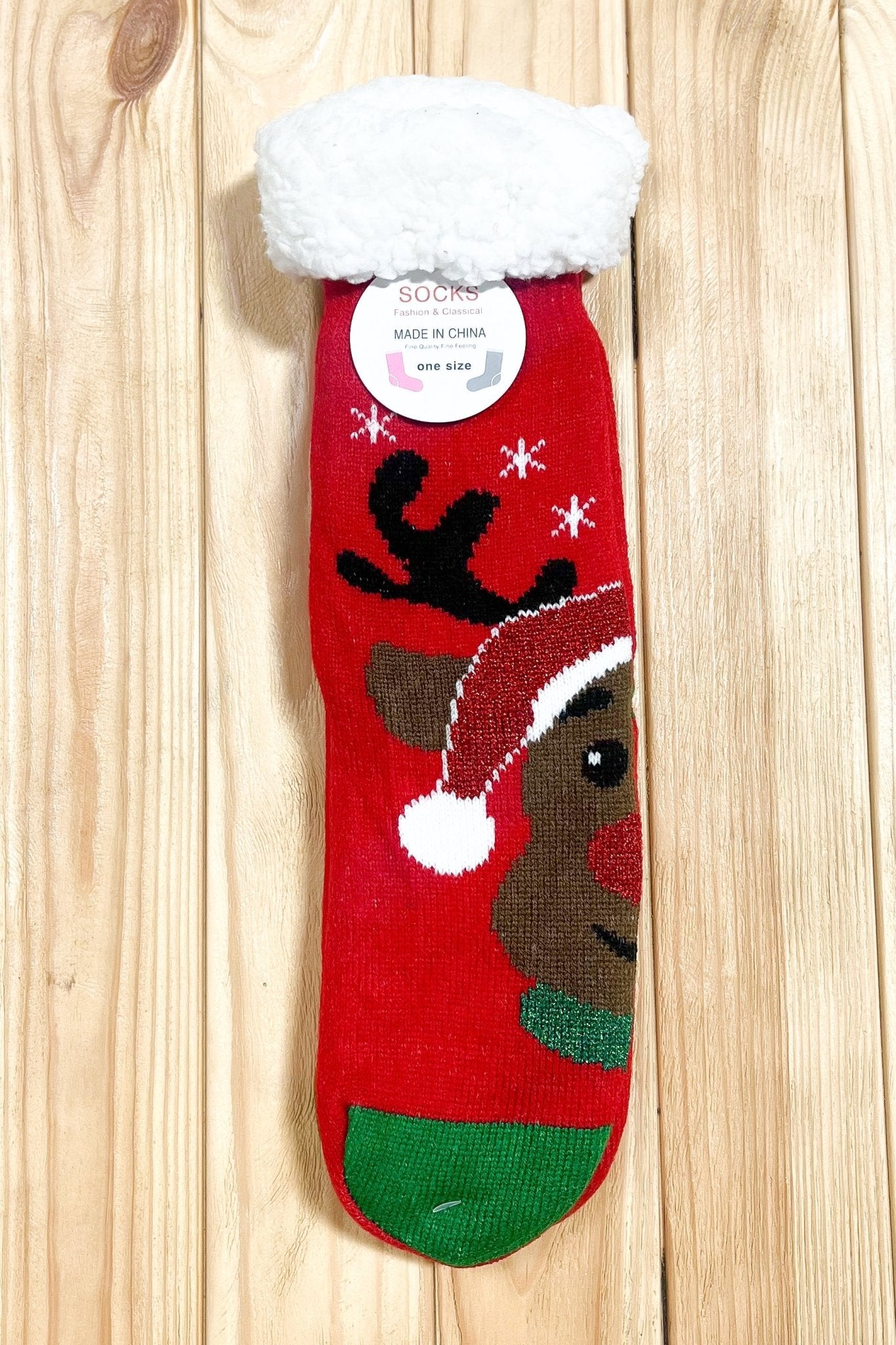 Red Reindeer Sherpa Traction Bottom Slipper Socks - Molliee Boutique