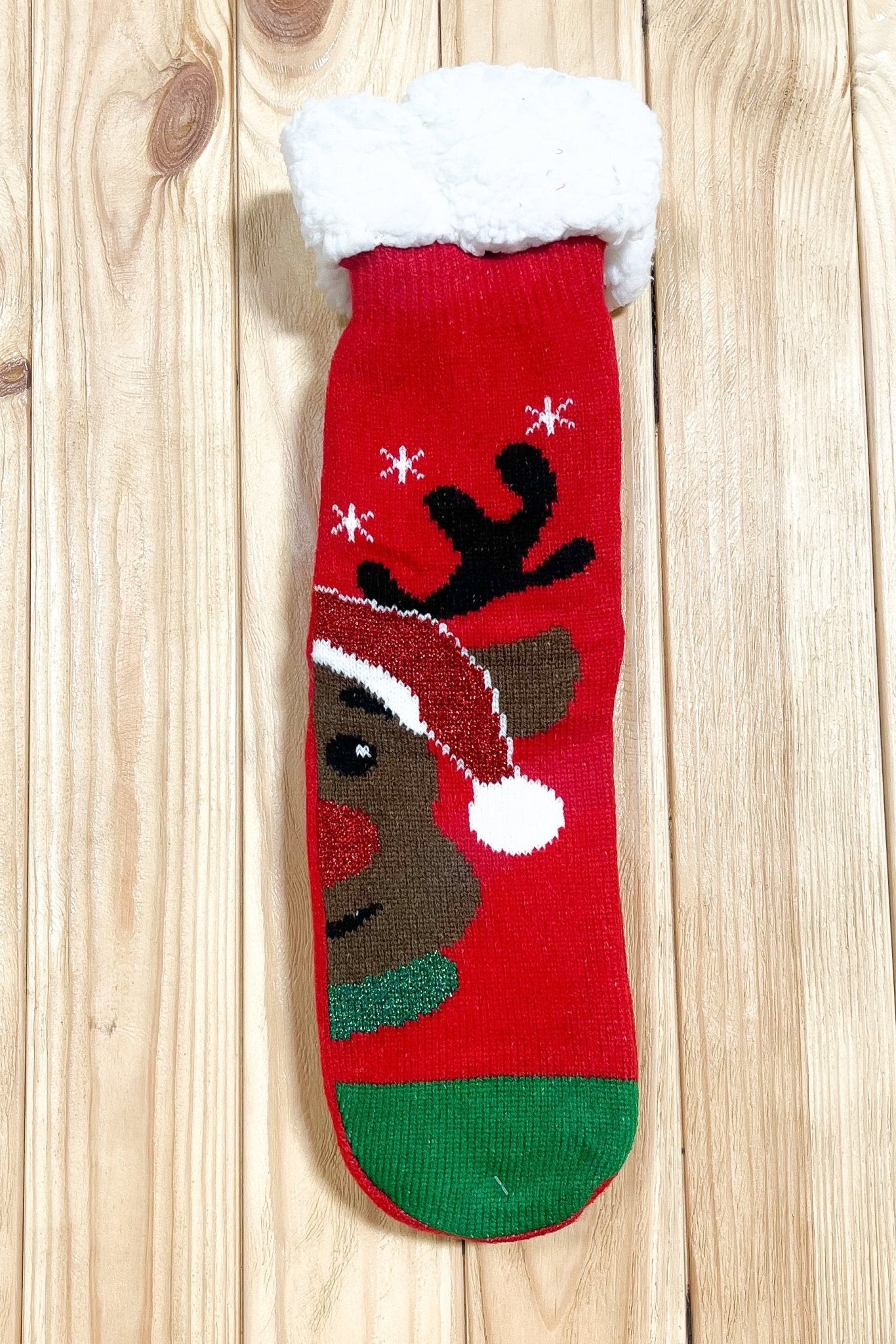 Red Reindeer Sherpa Traction Bottom Slipper Socks - Molliee Boutique