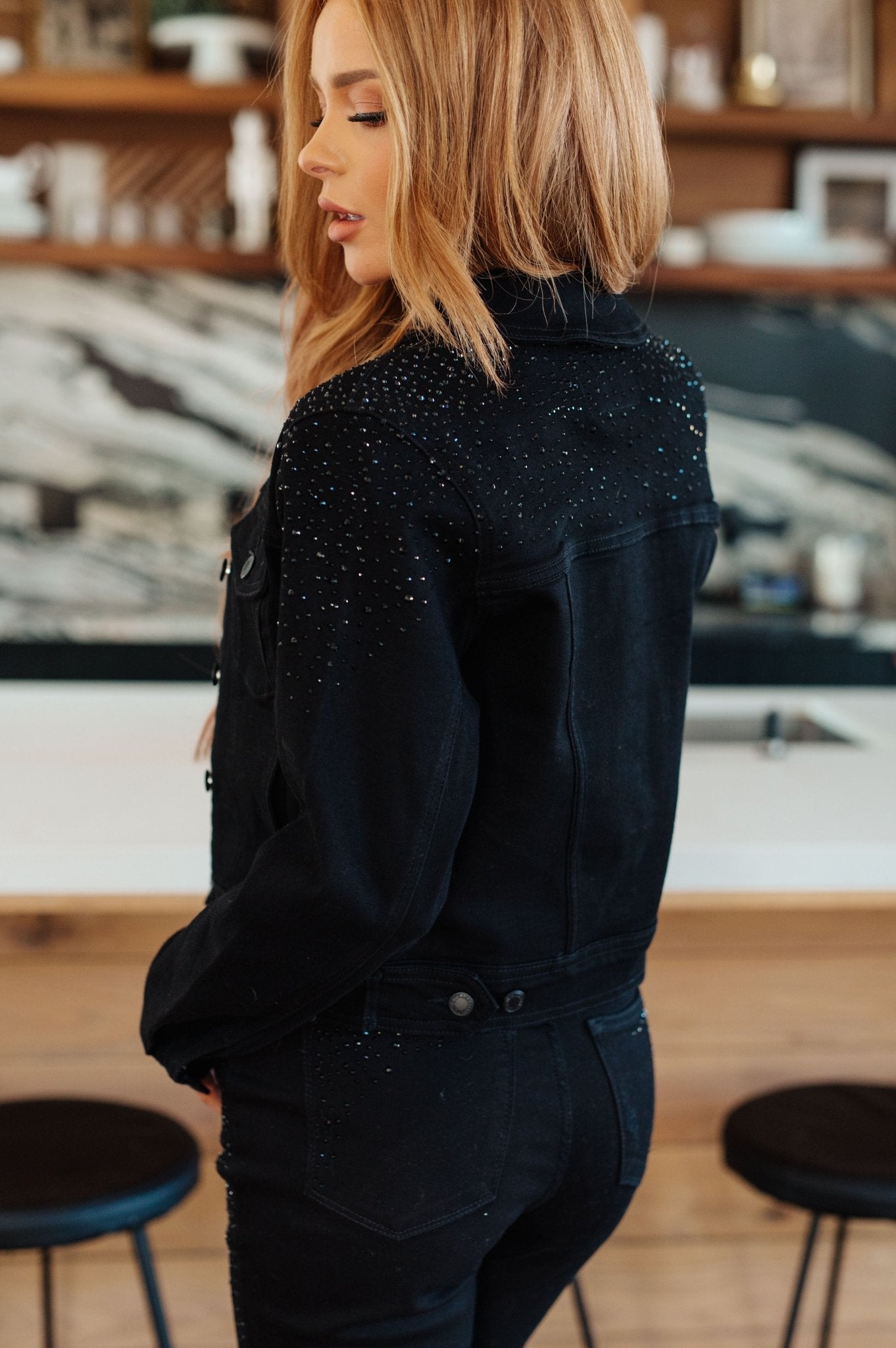 Reese Rhinestone Denim Jacket in Black - Molliee Boutique