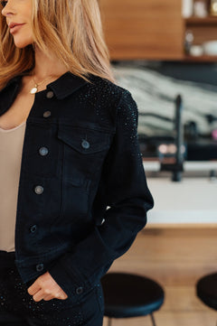 Reese Rhinestone Denim Jacket in Black - Molliee Boutique