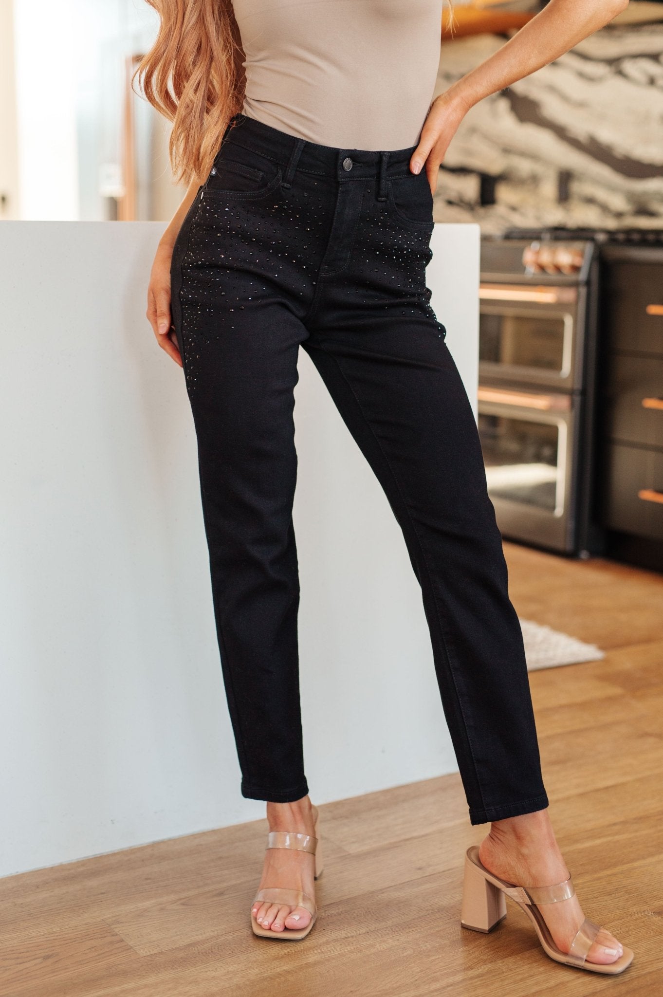 Reese Rhinestone Slim Fit Jeans in Black - Molliee Boutique