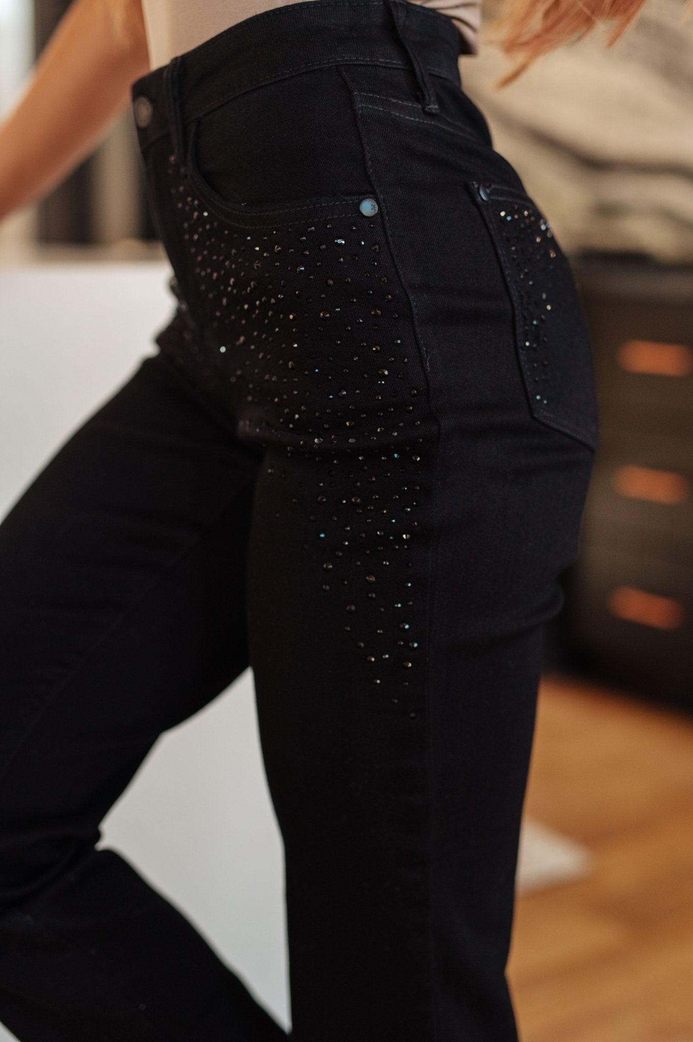 Reese Rhinestone Slim Fit Jeans in Black - Molliee Boutique