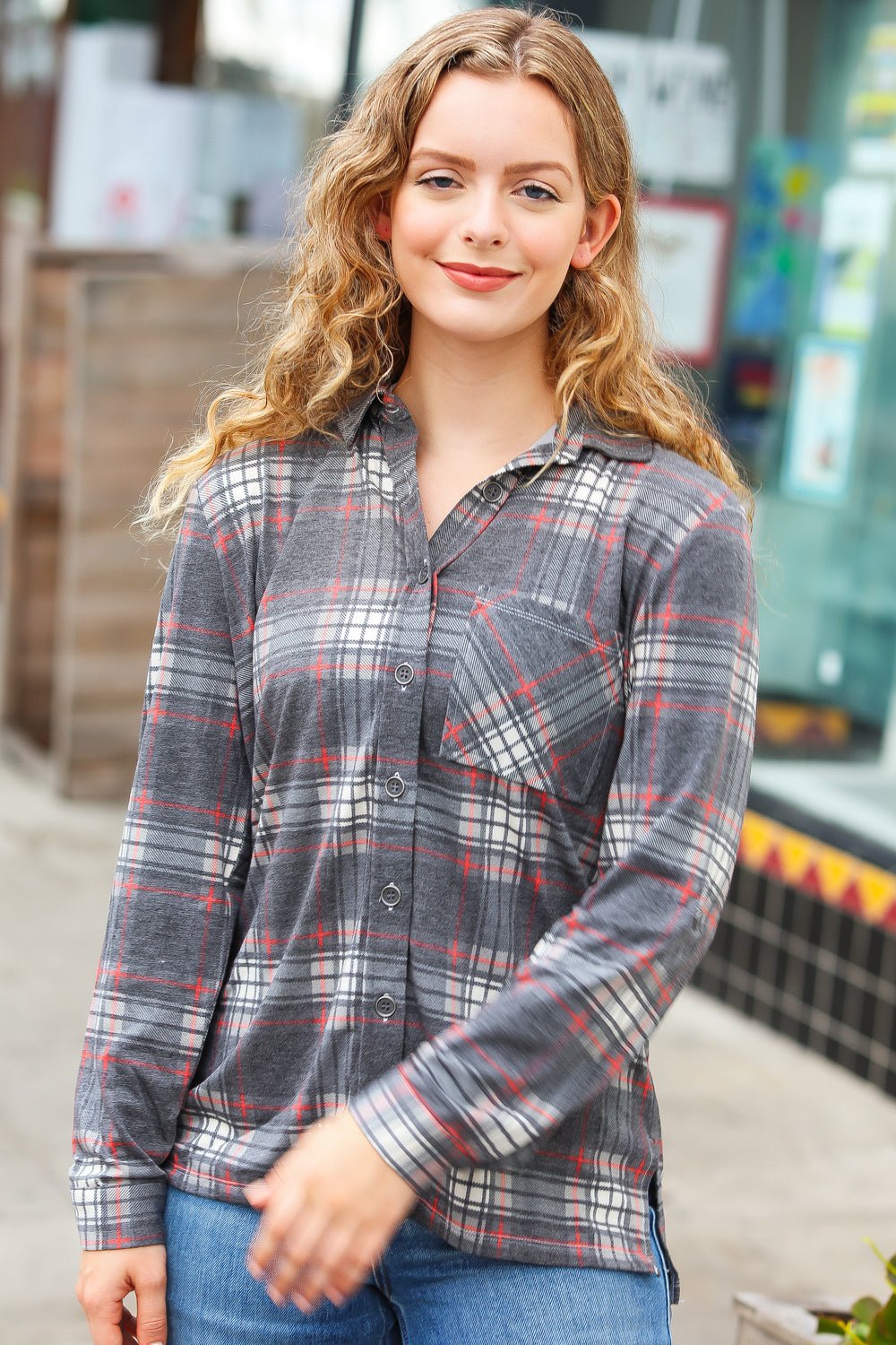 Road Trip Ready Charcoal Plaid Lightweight Button Up Shacket - Molliee Boutique