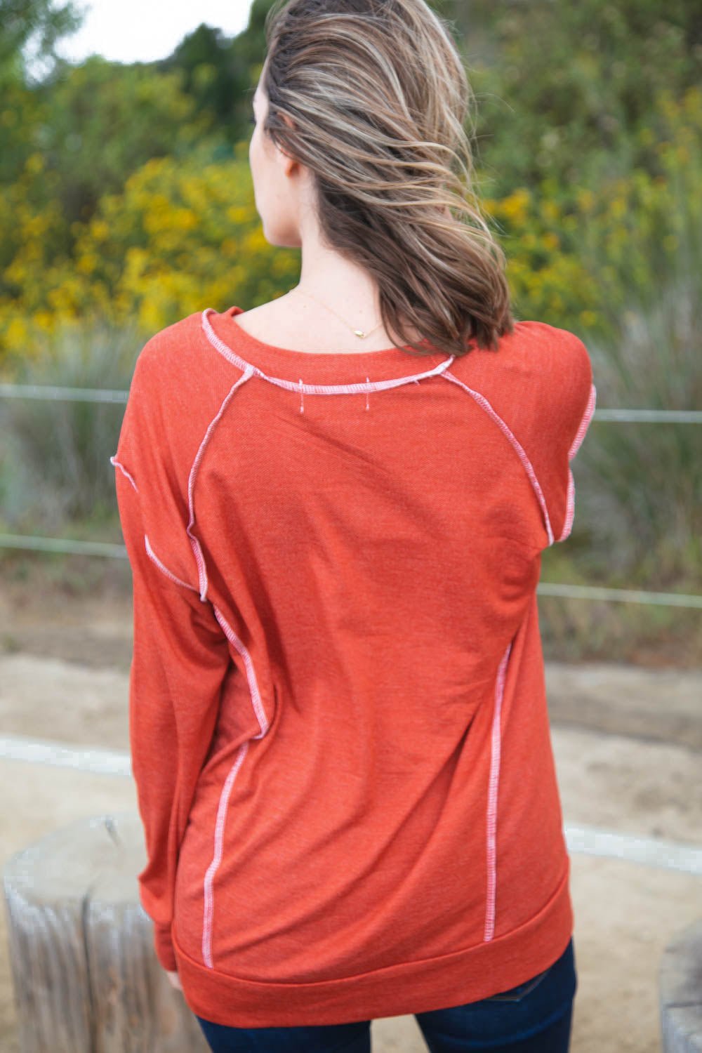 Rust French Terry Cut Edge Out Seam Raglan - Molliee Boutique