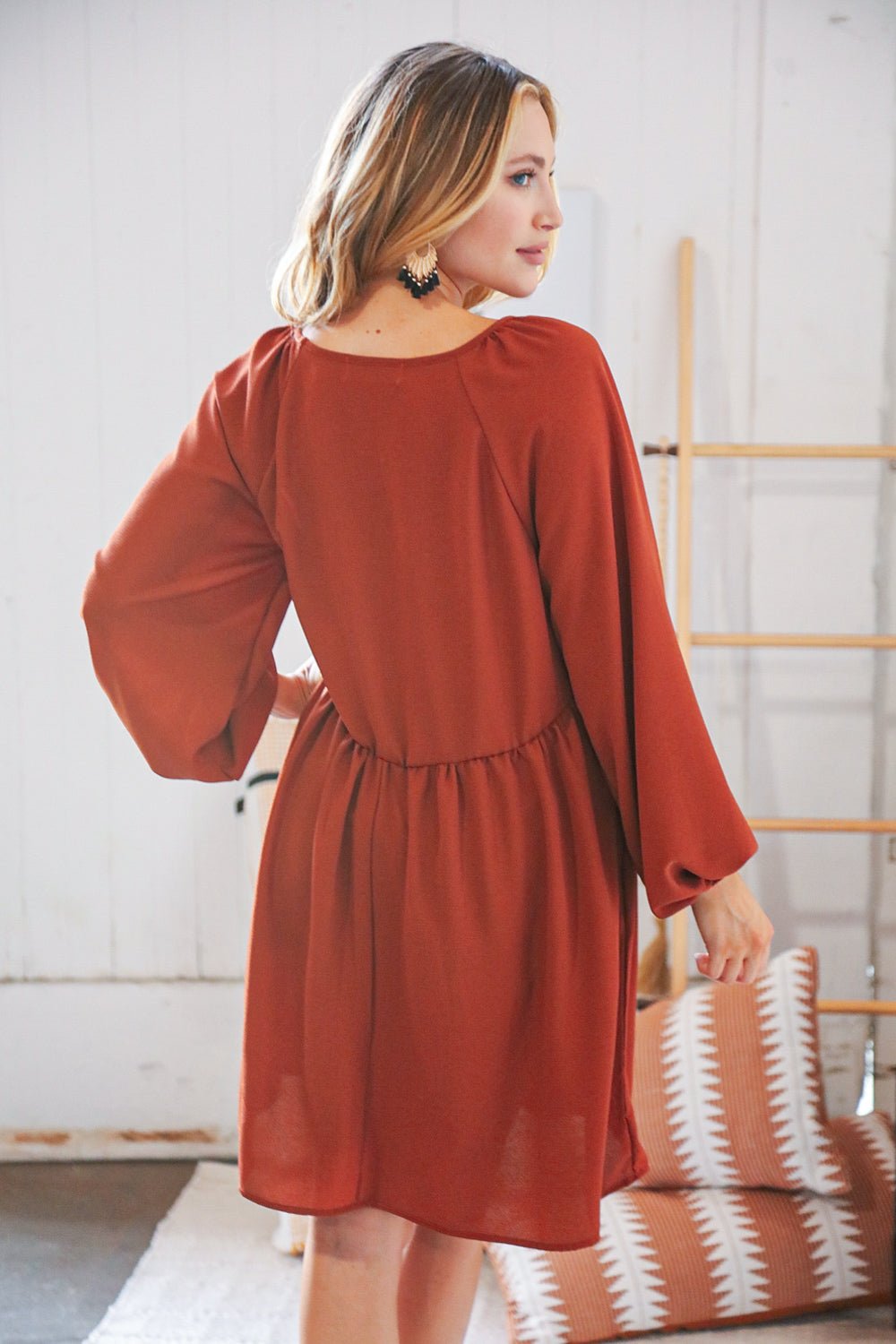 Rust V Neck Raglan Button Detail Bubble Crepe Dress - Molliee Boutique