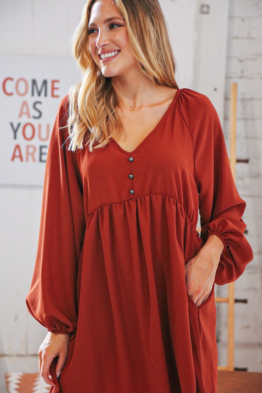 Rust V Neck Raglan Button Detail Bubble Crepe Dress - Molliee Boutique