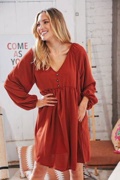 Rust V Neck Raglan Button Detail Bubble Crepe Dress - Molliee Boutique