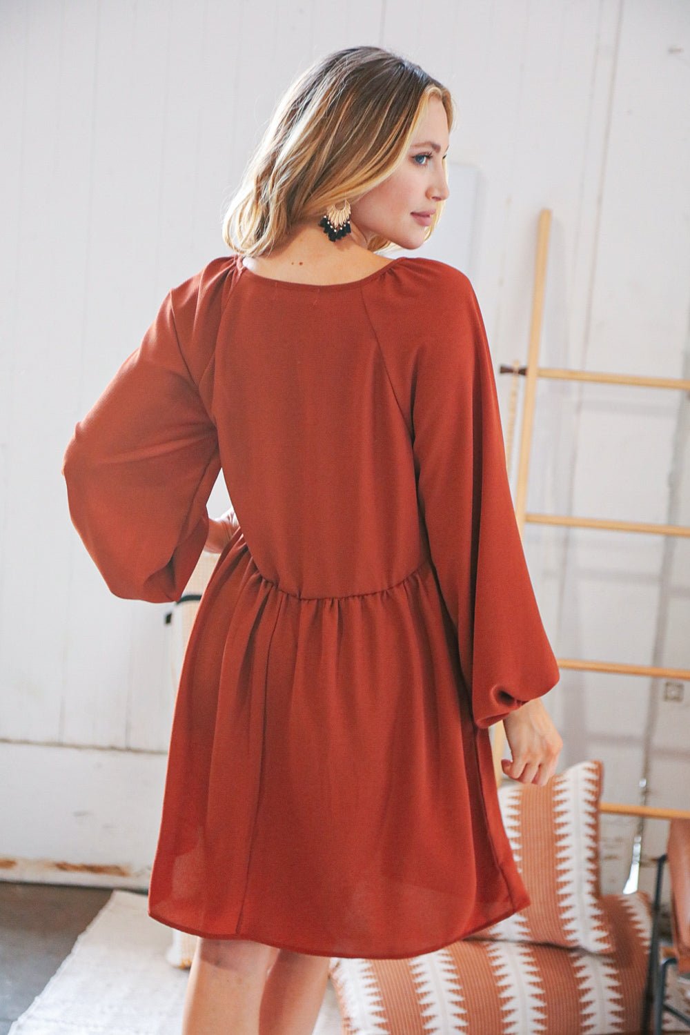 Rust V Neck Raglan Button Detail Bubble Crepe Dress - Molliee Boutique