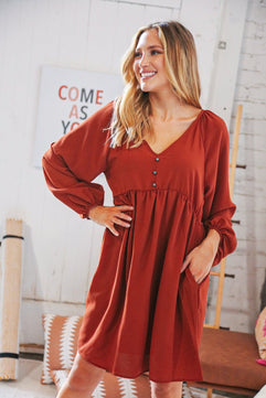 Rust V Neck Raglan Button Detail Bubble Crepe Dress - Molliee Boutique