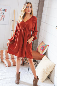 Rust V Neck Raglan Button Detail Bubble Crepe Dress - Molliee Boutique